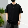 Nueva Camiseta Casual de Color Sólido Simple para Hombre de Verano, Estilo Holgado Delgado, Cuello Henley, Top Camiseta de Manga Corta Retro Americana