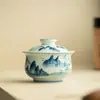 Xícara de Chá com Paisagem Pintada à Mão em Azul e Branco de Jingdezhen, Tigela de Chá de Grande Capacidade, Conjunto de Chá de Cerâmica Azul e Branco, Chá Kung Fu