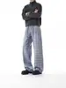 Jeans de Cuadros Azules para Hombre, Estilo Otoño, Pantalones de Trabajo Anchos Retro Americanos Geniales, Pantalones de Pierna Recta Acampanados Adelgazantes