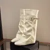 Botas con tacón oculto botas de moda para piernas de pantalones versátiles no por encima de la rodilla botas largas otoño adelgazantes estilo europeo y americano holgadas puntera cuadrada estilo nuevo plisado
