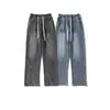 Jeans de Calle Americanos Desgastados con Cordón Cintura Elástica para Hombres Primavera y Otoño Nueva Marca de Moda Rectos Sueltos Versátiles Pantalones Largos
