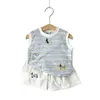 Conjunto casual de pantalones cortos y chaleco sin mangas para niños, nuevo conjunto de dos piezas a rayas de algodón puro bordado de dibujos animados para niños de verano