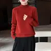 Camada base de malha de lã pura com gola alta e fio duplo espesso para mulheres, blusa de gola alta lisa com mangas raglan longas, moderna