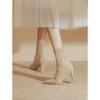 Botas Slim Elásticas Bico Fino Nude Salto Agulha Meio da Panturrilha 2025 Novas Botas Curtas Femininas Primavera e Outono Botas Single