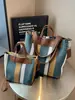 Bolso de Lona Rayado de Color Contrastante para Mujer, Gran Capacidad, Nuevo Bolso de Hombro de Moda 2024, Bolso de Mano Versátil para el Trabajo, Bolso Tote