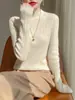 Prenda interior de rayas de ajuste holgado y manga corta con cuello semi-alto, nueva colección de punto para mujer otoño/invierno 2026 hecha de mezcla de lana