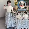 Conjunto de Verão para Meninas, Novo Conjunto Estilo Chinês para Crianças Maiores, Blusa Elegante de Manga Curta com Gola de Botão, Conjunto de Duas Peças Estilo Tendência Nacional