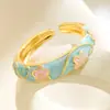 Anillo Vintage de Flores de Colores para Mujer, Nuevo Anillo de Esmalte Estilo Chino, Joyería Única de Cobre Estilo Minimalista Ins