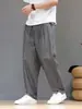 Pantalones de lino a rayas verticales para hombre, estilo fino de verano, pantalones casuales de algodón y lino estilo chino, talla grande, pantalones tipo harén rectos holgados