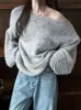 Suéter Pulôver Feminino para Outono e Inverno, Estilo Preguiçoso com Decote Diagonal, Ombro a Ombro, Mangas Longas, Caimento Solto, Top de Malha Macia para Mulheres
