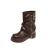 Botas Femininas Outono-Inverno 2026 para Comércio Exterior Transfronteiriço, Tamanhos 34-45, Bico Redondo, Salto Plataforma, Solado Grosso, Fivela de Cinto, Botas Femininas Arredondadas