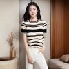Playera Corta de Punto a Rayas para Mujer Suéter de Punto de Verano Nueva Moda Elegante Combinable Manga Corta Ajustada Top