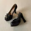 Mocasines de Estilo Retro para Viajar, Zapatos Pequeños de Cuero Versátiles para Mujer, Nuevo Estilo Otoño Tacones Altos Negros con Tacón Grueso y Lazos