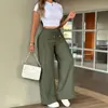 Pantalones largos casuales de pierna ancha con pliegues delanteros, estilo europeo y americano 2026, cintura alta, cinturón de corbata, cubren la cadera, fluidos, para mujer, al por mayor