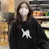 Moletom Gola Redonda Estampa de Gato Estilo Coreano Outono e Inverno para Mulheres Novo Estilo Preguiçoso Bf Solto Comprimento Médio Top Forrado com Lã Estudante