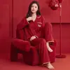 Novos Pijamas de Primavera/Outono para Mulheres, Algodão Puro Confortável, Manga Longa, Calça Longa, Corte Amplo, Gola Lapela, Vermelho, Ano do Rato, Cardigã, Roupa de Casa