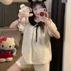 Conjunto de Pijama Simples com Estampa de Bolinhas, Gola Boneca e Manga Curta para Meninas, para o Verão, Dormitório Estudantil e Uso em Casa