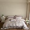 Juego de Cama de Cuatro Piezas de Algodón Tencel de Lujo Accesible Francés, Cubre Edredón y Sábanas Bordados con Encaje de Estilo Coreano de Alta Gama para Todas las Estaciones