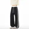 Pantalones de chándal casuales unisex de primavera/otoño, con bloques de color en la cintura, tres rayas, corte recto holgado, drapeados, con cordón