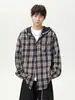 Jaqueta Camisa com Capuz Xadrez em Cores Contrastantes para Homens, Estilo Outono, Tendência Solta Retrô Americano Casual Manga Longa Camiseta