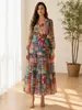 2026 Nuevo Vestido de Gasa Estampado de Manga Larga con Cuello en V de Estilo Europeo y Americano, Vestido Largo de Moda Transfronterizo para Mujer