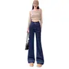 Pantalones de mezclilla estilo Hong Kong para mujer, modernos, forrados de polar, nuevos para otoño e invierno 2026, corte slim fit, acampanados, color azul y blanco, pantalones de pierna recta modernos