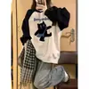 Moletom de Veludo Oversized com Gola Redonda, Raglan Contrastante, Estilo Gatinho para Mulheres, Outono e Inverno 2025, Novo Estilo Quente, Tops Femininos para Primavera e Outono