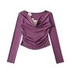 Camiseta entallada de cuello barco de manga larga Spice Girls para mujer, primavera 2025 nueva coreana con top de tirantes con flor en el hombro al por mayor