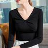 Camisa vermelha com decote em V 2024 nova moda feminina outono elegante plissada slim slim manga comprida top
