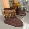 Botas de Neve Únicas com Franjas e Contas Novo Estilo Outono e Inverno 2025 Botas Curtas de Solado Grosso Confortáveis Versáteis de Alta Qualidade para Mulheres