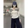 Suéter de Punto Rayado en Contraste con Cuello Polo para Mujer 2026 Primavera Otoño Invierno Estilo Universitario Coreano de Moda Versátil Ajustado