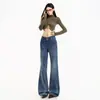 Jeans de campana para mujer, color Naranja Juvenil # Lavado con grietas, diseño de doble botón, corte ajustado, favorecedores, elegantes, versátiles, modernos