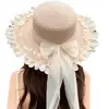 Sombrero de Protección Solar para Vacaciones de Verano en la Playa para Mujer con Copa Plana, Encaje Francés, Lazo, Elegante Sombrero de Paja con Forma de Pétalo