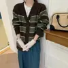 Cardigã de tricô listrado com blocos de cor, macio e aconchegante, estilo coreano, para mulheres, novo suéter casaco de manga longa solto para outono e inverno