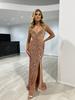 Vestido Longo Sexy com Lantejoulas, Fenda, Alças Finas, Estilo Europeu e Americano Transfronteiriço, Elegante Vestido de Festa Acinturado, Slim