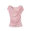 Estilo novo de verão ombro a ombro lyocell lã estilo desejo puro elegante afunilado cintura franzida manga curta blusa para mulheres