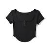 26 Nuevos Estilos de Verano Top Corto de Cuello en U Grande Ajustado para Mujer, Elegante y Favorecedor, Camiseta Sexy de Manga Corta con Botones y Dobladillo Curvo