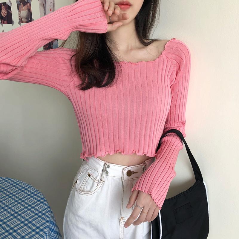 帮手SKU图-方领高腰短款上衣女2020新款白色长袖网红t恤