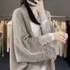 Xale Shawl de Lã com Acabamento em Renda 25 Outono e Inverno Novo Estilo Fashionável Estilo Preguiçoso Cor Sólida Cardigan de Tricô