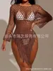 Colección nueva de verano transfronteriza: chal de malla con flecos, cuello redondo, color liso, salida de playa de punto sexy calada para protección solar
