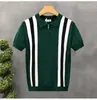 Verano Estilo Coreano Juvenil Casual Seda de Hielo Delgado Hombres Rayas Verticales Cuello de Solapa Tejido Camiseta de Manga Corta Negocios Pol Cruzado Transfronterizo