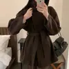 Chic estilo coreano invierno moda retro cuello alto estilo británico cordones cintura ceñida casual mezcla de lana gabardina chaqueta abrigo mujer
