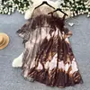 Vestido Estampado Estilo Resort Francés para Mujer, Mangas Tres Cuartos, Ceñido a la Cintura, Conjunto de Dos Piezas Adelgazante, Ropa de Trabajo Elegante de Verano con Perlas