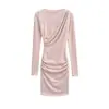 Vestido Tendência com Ombro Assimétrico Franzido Forrado de Lã Manga Longa, Novo Estilo Outono/Inverno, Ajuste na Cintura, Slim Fit, Bodycon, Vestido Curto