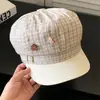 Boina azul a cuadros con botón de gato lindo para niñas, sombrero octagonal dulce y que adelgaza la cara, gorra de vendedor de periódicos para circunferencia de cabeza grande