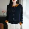 Cardigan Tricotado Gola Polo de Lã Fina Novo para Primavera e Outono 2026 Manga Longa Feminino Blusa Jaqueta Blocos de Cor Botão Quadrado Pequeno
