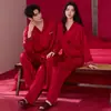 Seda de hielo primavera y otoño manga larga pantalón largo rojo festivo año zodiacal cuello solapa cárdigan nuevo conjunto de ropa de boda para el hogar