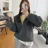 Em estoque~ Suéter de tricô pulôver de design color-blocking estilo ins coreano com botões ocultos e barra com cordão