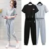 Conjunto Casual Deportivo de Manga Corta de Verano 2026 para Mujer, Conjunto de Dos Piezas con Top Holgado Corto Petite y Pantalones Cropped