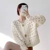 Cardigã curto de tricô feminino com design vazado, novo estilo primavera/outono, super fofo e estiloso para baixinhas